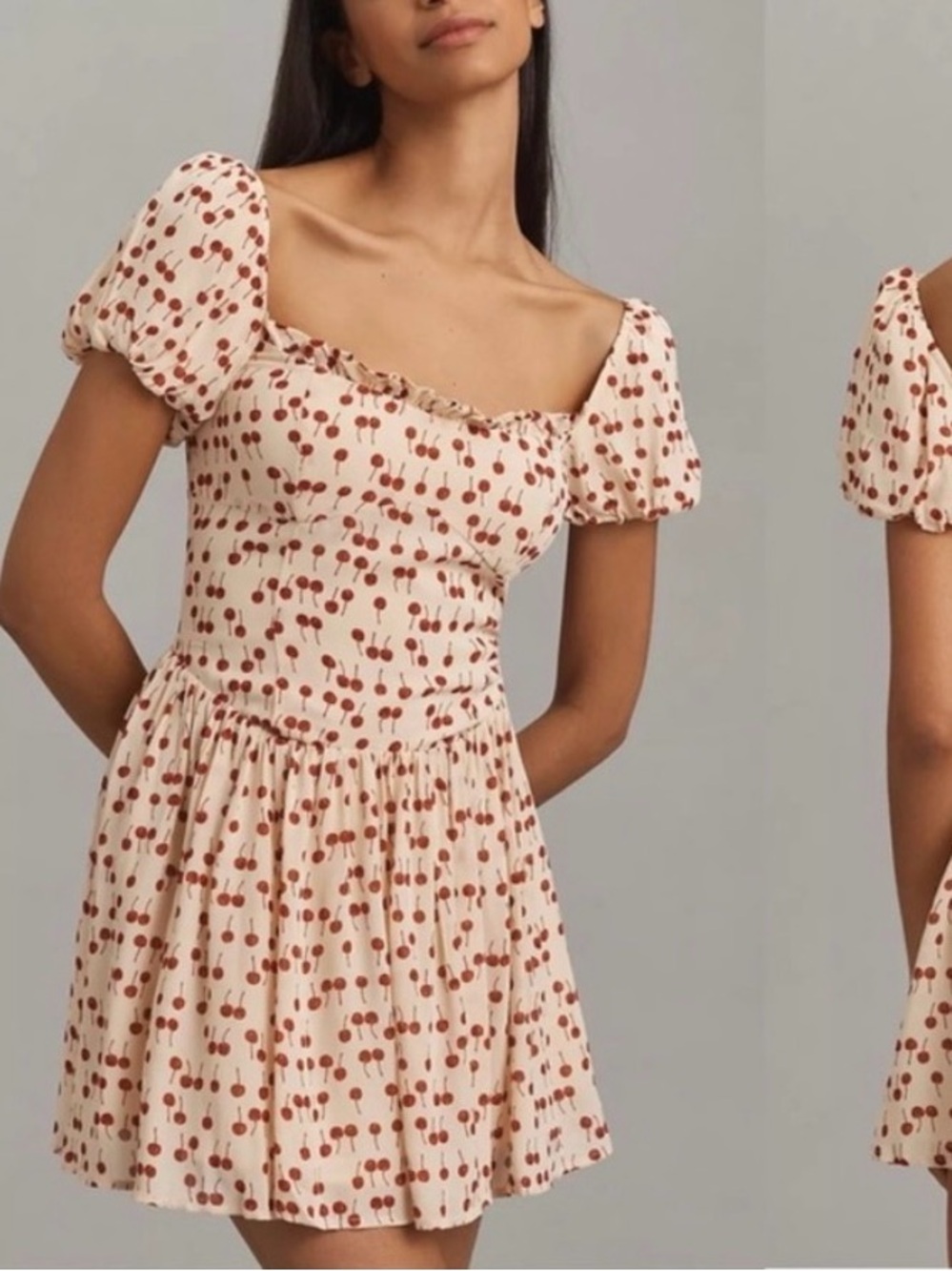 Reformation Cream Mini Dress with Cherry Print